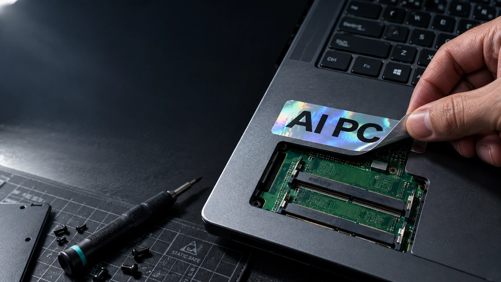 Mano despegando una etiqueta holográfica AI PC de una laptop abierta que deja ver sus ranuras de memoria