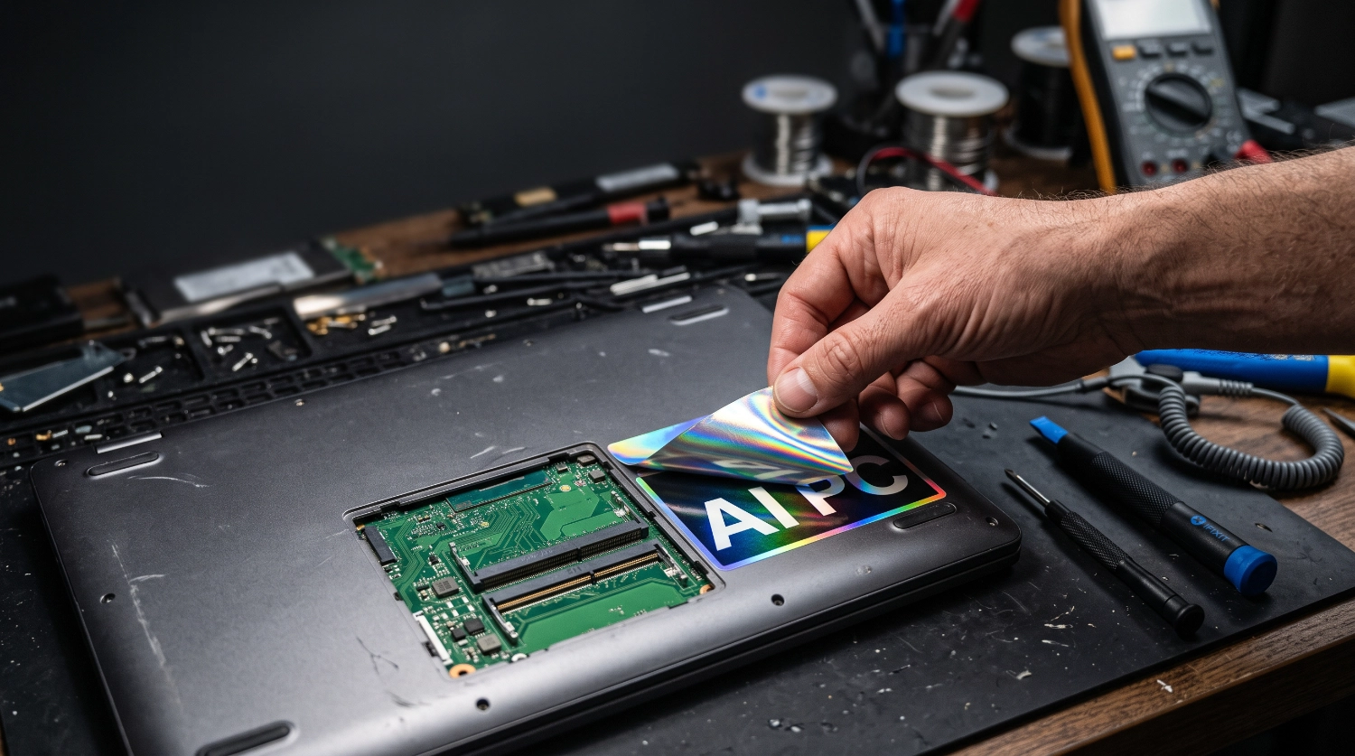 Mano despegando una etiqueta holográfica AI PC de la base abierta de una laptop, junto a sus ranuras de memoria y herramientas de reparación